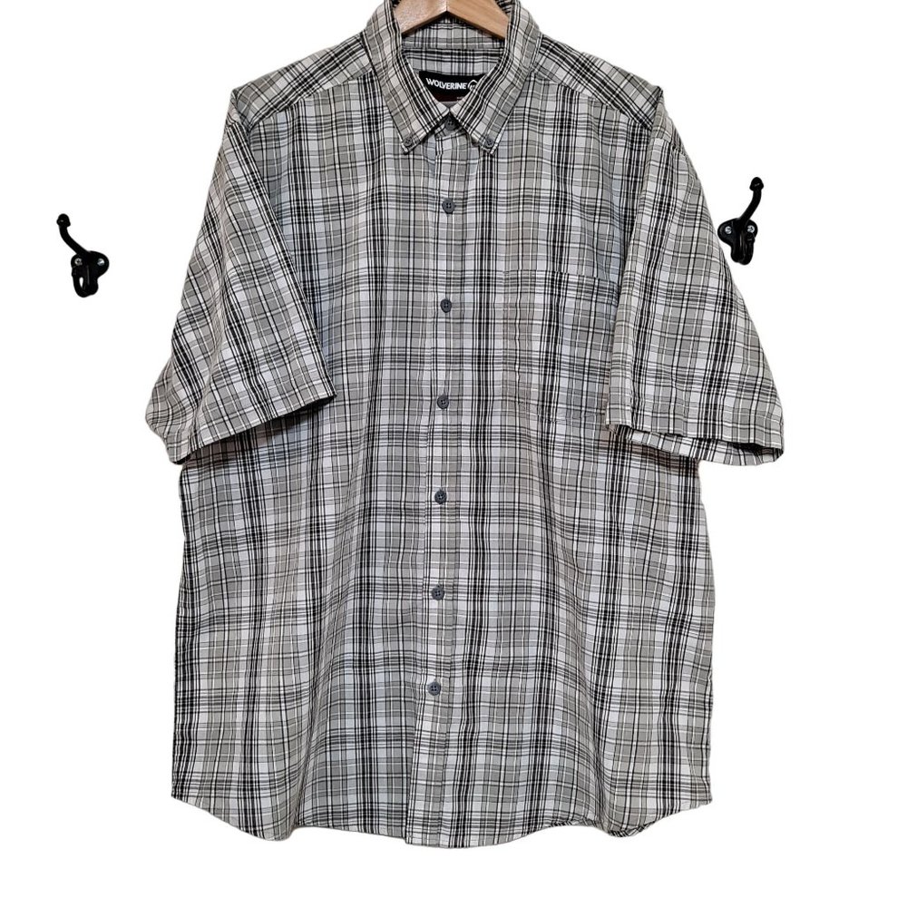 Wolverine Shirt Men Size XL Short Sleeve Mortar Button Up Collared Plaid Gray